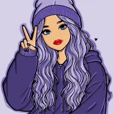 a teenage girl in a beanie, oversized sweatshirt, wavy long hair, and is showing a ✌️