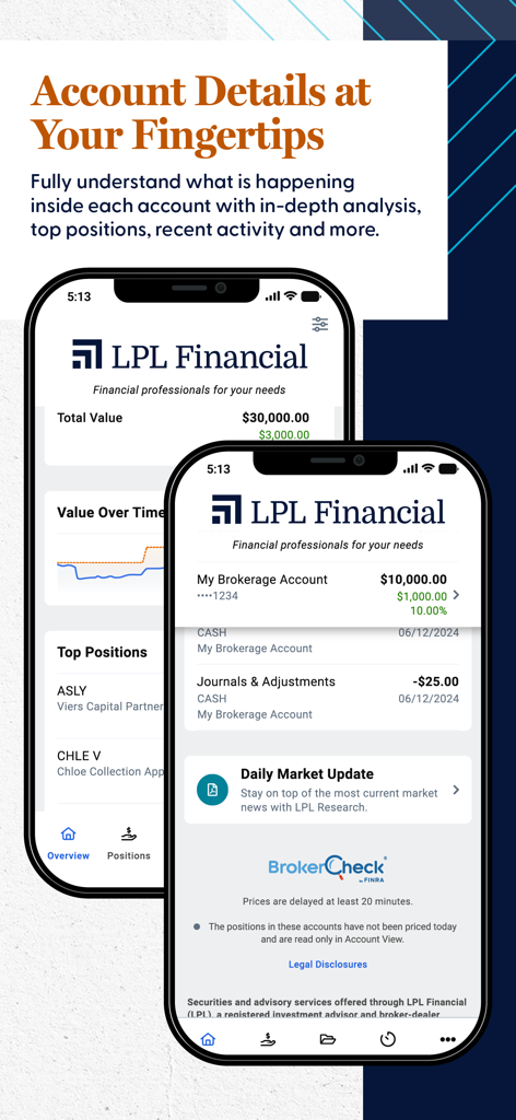 LPL Account View - 2台のiPhoneに、ポートフォリオの価値と市場の更新が表示されたLPLアカウントビューアプリのインターフェースが表示されています。