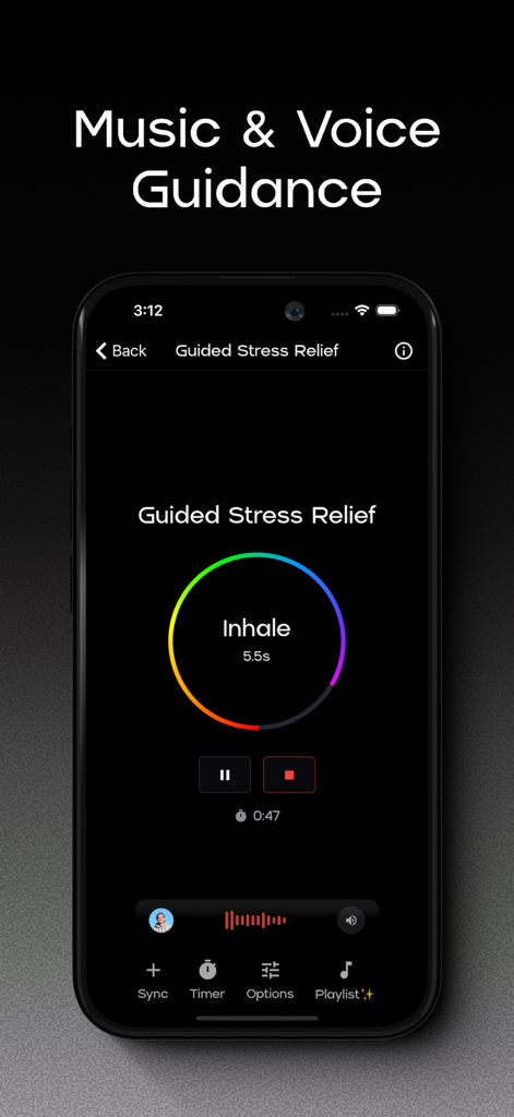 Una interfaz en modo oscuro de la aplicación Coherence Breathwork que muestra una sesión guiada de alivio del estrés con un anillo de progreso colorido y controles de audio