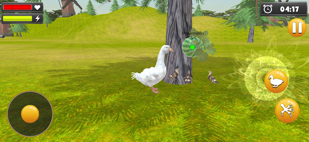 Crazy Goose Duck Tales - Captura de pantalla del juego Crazy Goose Duck Tales mostrando un ganso blanco y polluelos cerca de un árbol con una sandía