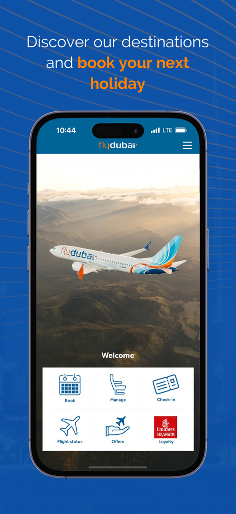 Flydubai app home screen featuring flight booking and travel management options