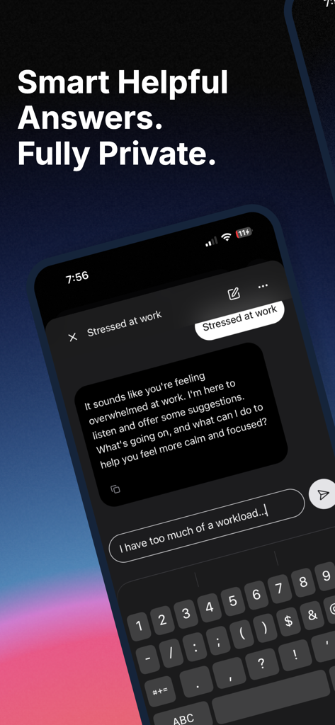 A screenshot of the Whisper app displaying a private AI chat interface with a user asking for advice on work stress.