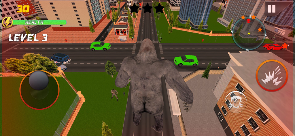 A giant gorilla standing in a city street during gameplay of Monster Gorilla Rampage