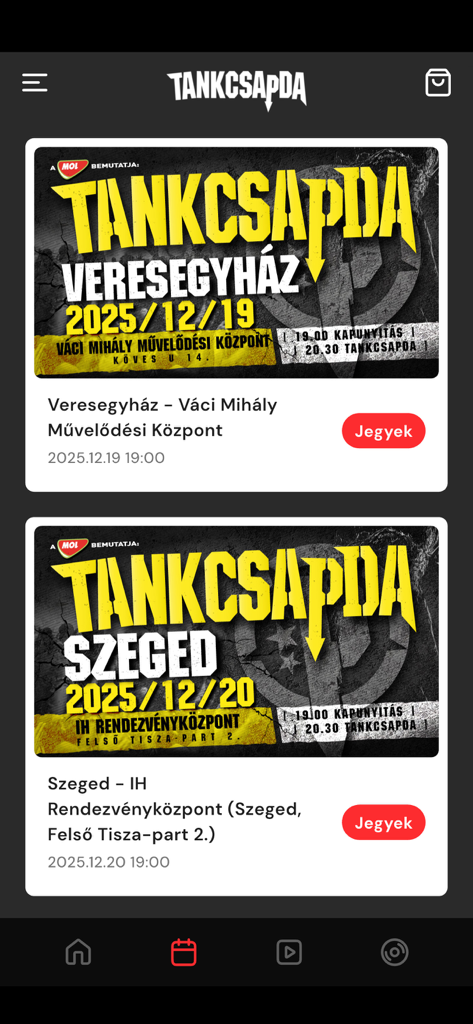 Tankcsapda official app screen showing upcoming concert dates and ticket booking options