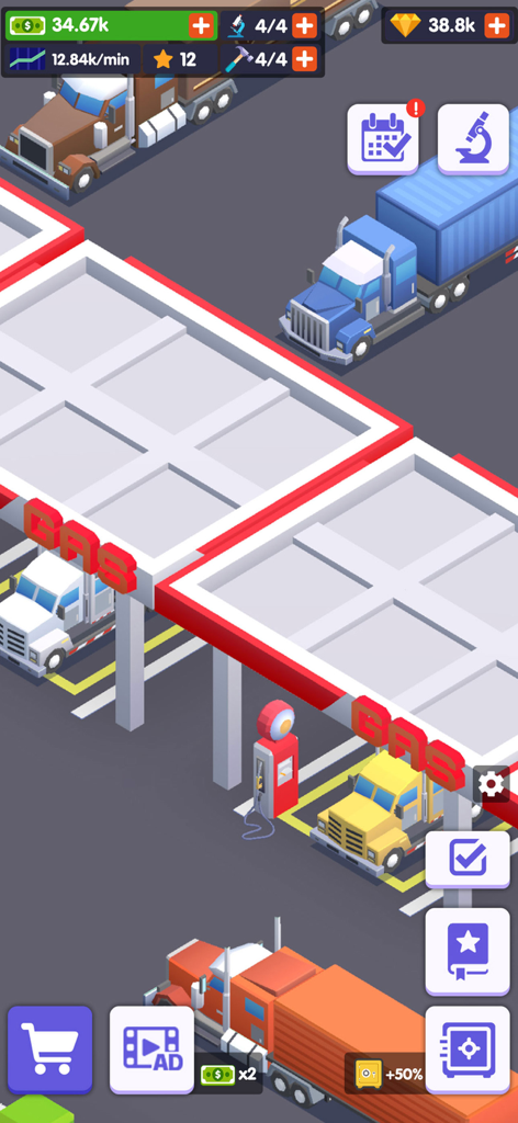 Isometric view of trucks refueling at a gas station in the Truck Stop Tycoon idle game
