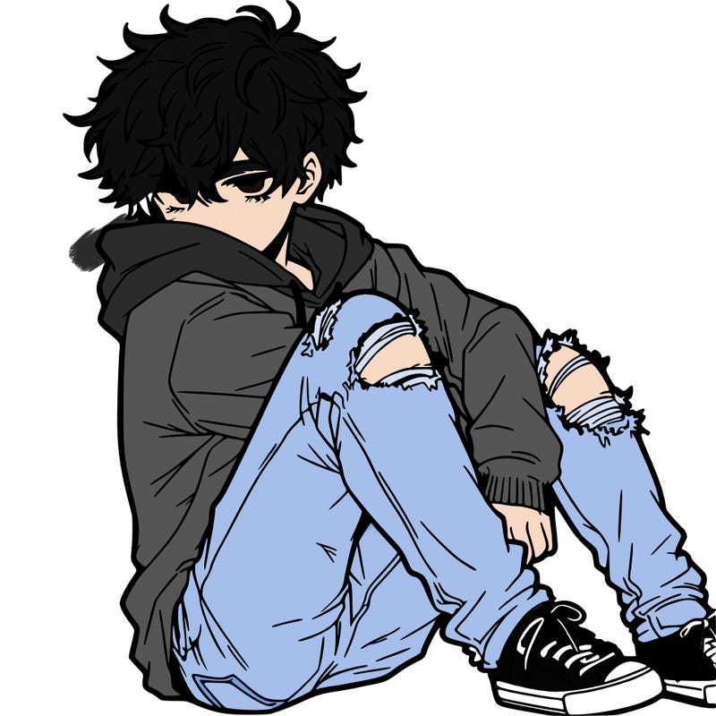 a male hoddie ripped jeans messy hair anime