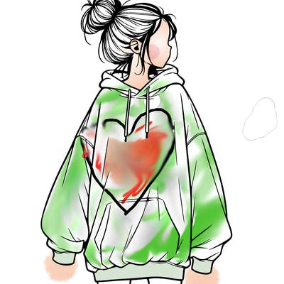realistic girl with a oversized sweatshirt on and a bun