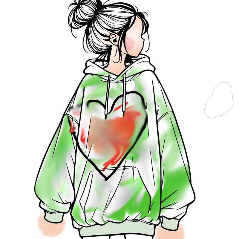 realistic girl with a oversized sweatshirt on and a bun