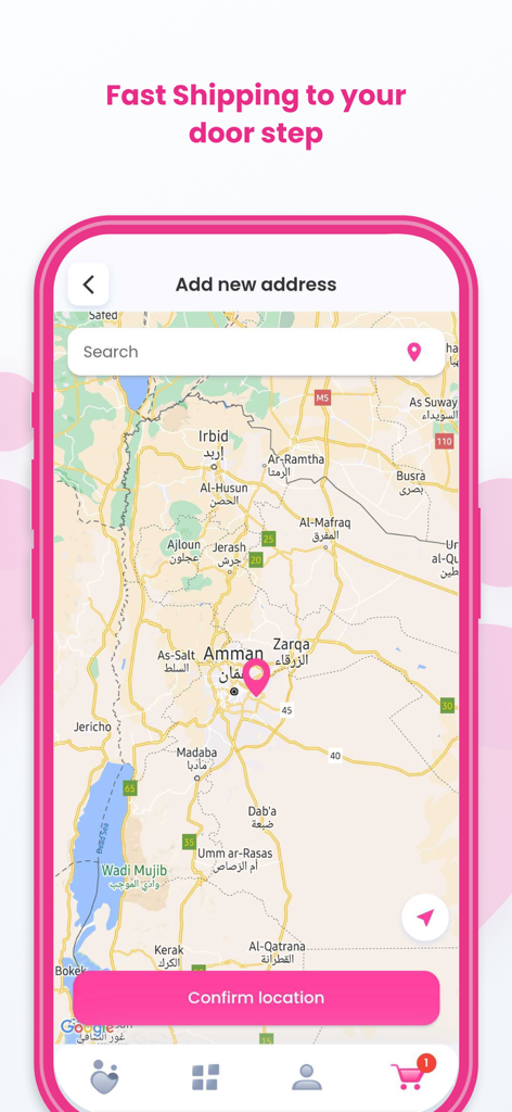 Dumyah - Online Shopping - The Dumyah app address selection screen featuring a map and search bar for fast shipping