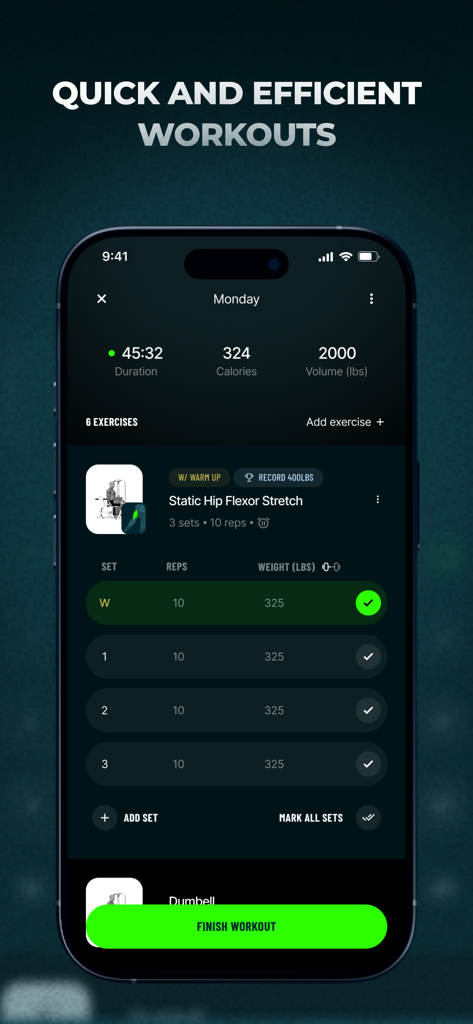 Befit AI: Workout Routines - Pantalla de la aplicación móvil Befit AI que muestra métricas de entrenamiento en tiempo real, incluyendo duración, calorías quemadas y seguimiento de series de ejercicios.