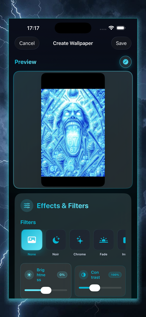 67 meme Wallpaper - The Create Wallpaper screen of the 67 meme Wallpaper app featuring a blue character preview and editing filters.