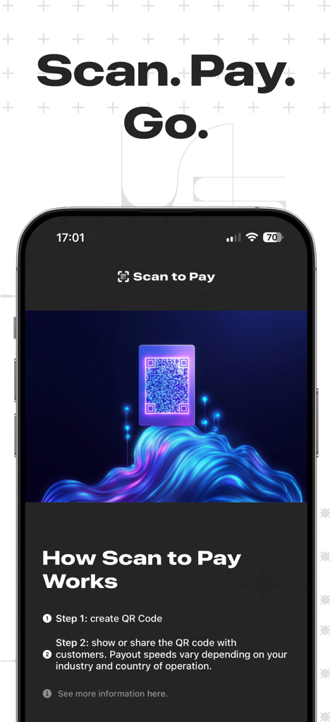 Schermata dell'iPhone che mostra l'interfaccia dell'app Scan to Pay con istruzioni per i commercianti su come creare e condividere un codice QR per ricevere pagamenti.