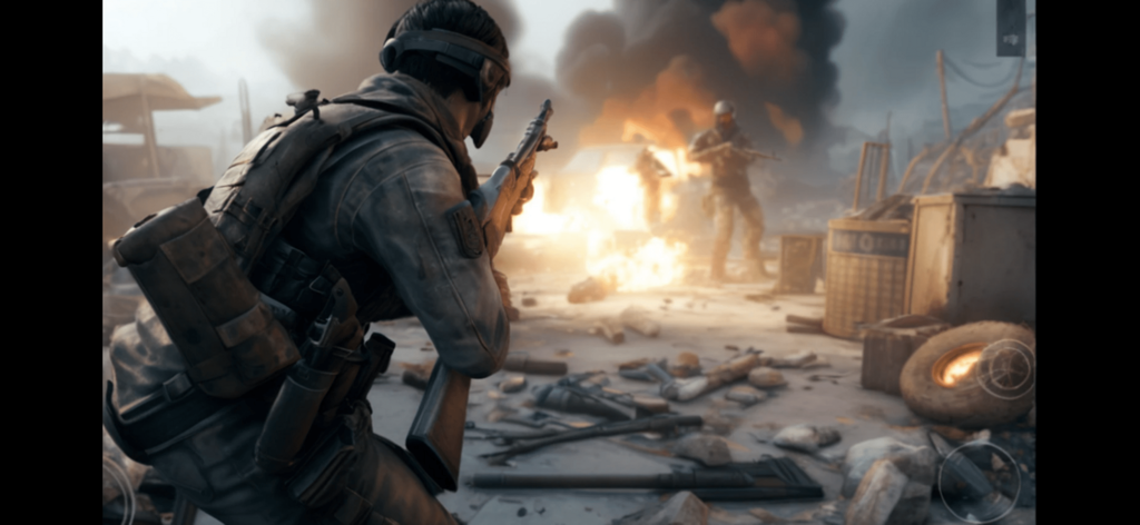 Cover Fire: Strike Force - Third person view of a soldier in a tactical warzone with explosions and rubble in Cover Fire Strike Force
