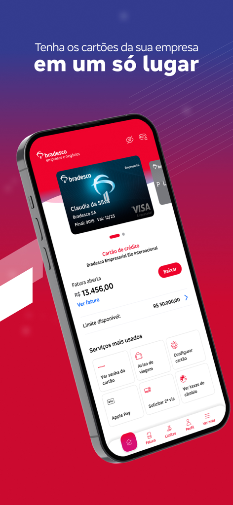 Bradesco Cartões PJ - Panel de la aplicación Bradesco Cartoes PJ con detalles de la tarjeta empresarial y herramientas financieras