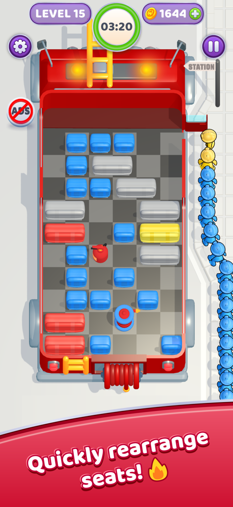 Seat Away - Seat Away gameplay showing a strategy puzzle to rearrange seats in a fire truck