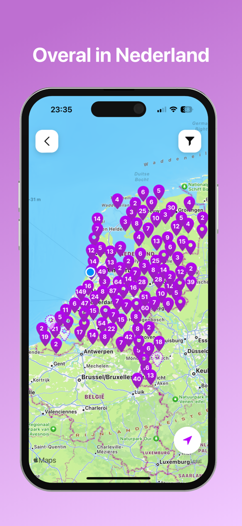 Glutenvrije Horeca - A mobile app screen showing a map of the Netherlands with numerous purple pins indicating gluten free dining locations