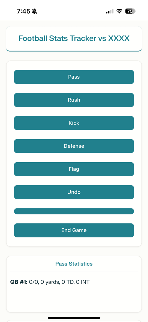 Football Stat Tracker Pro - Interface de l'application pour suivre les types de jeu de football et les statistiques des joueurs pendant un match.
