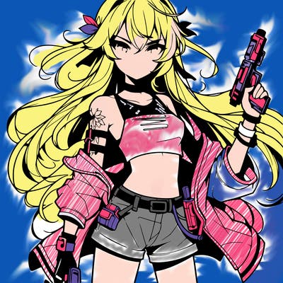 bad girl wearing crop top holding a gun long hair anime