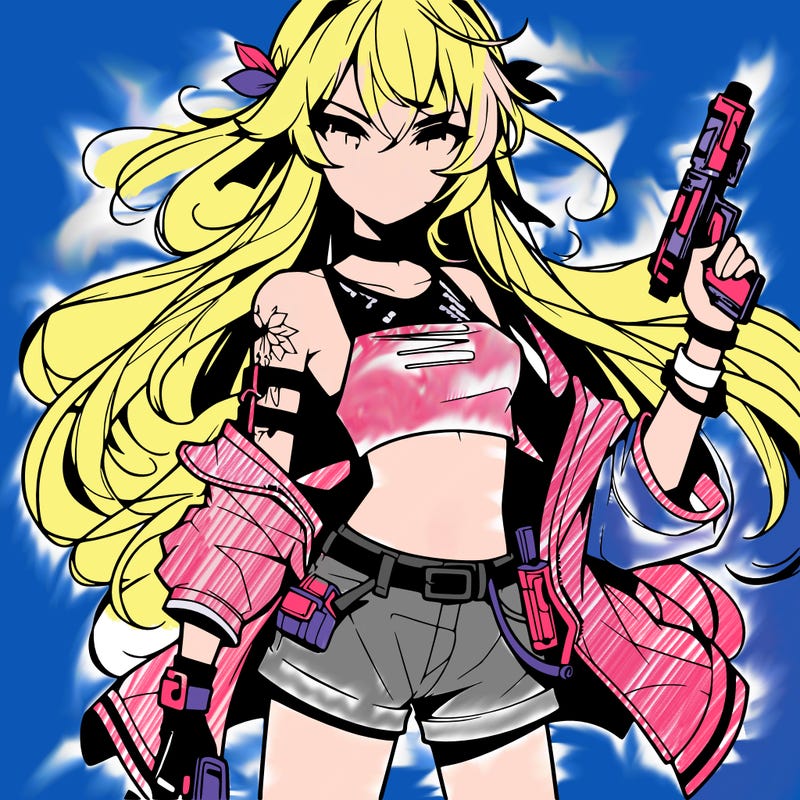 bad girl wearing crop top holding a gun long hair anime