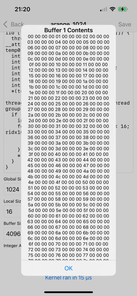 tinygrad remote host - A mobile app screenshot showing hexadecimal buffer contents and GPU kernel execution data for tinygrad remote host.