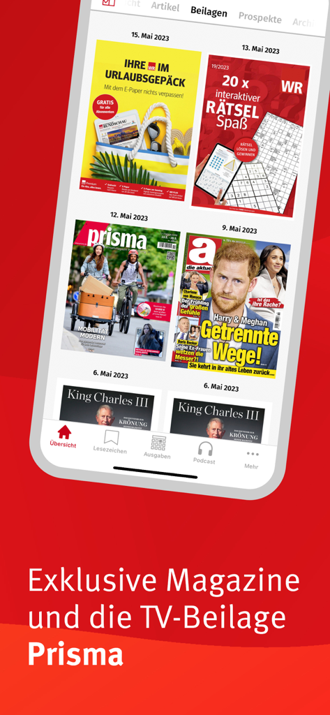 Anzeige digitaler Magazine und TV-Beilagen, die in der WR E-Paper App verfügbar sind
