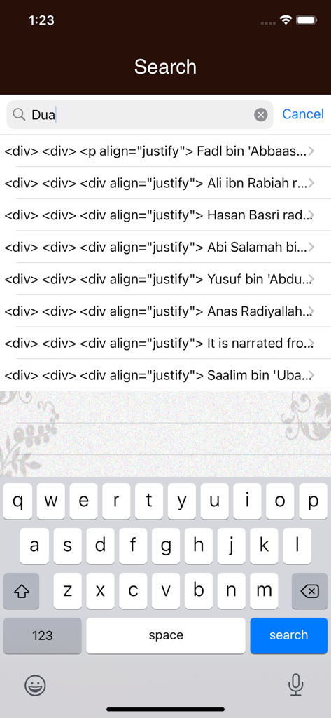 Tirmidhi - La interfaz de búsqueda de la aplicación Tirmidhi que muestra una lista de resultados de hadices para la consulta de búsqueda Dua