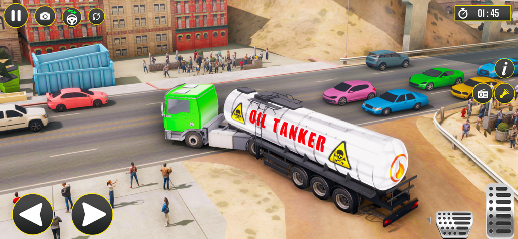 A green semi truck pulling a white oil tanker through a city street in a 3D driving game.