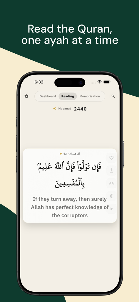 Iqraa mobile app interface showing a Quran verse in Arabic and English with a hasanat points counter