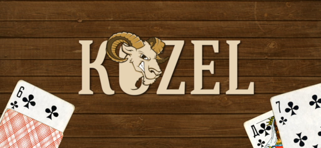Kozel online - Pantalla de presentación del juego de cartas Kozel online con un logo de cabra y cartas de juego sobre un fondo de madera