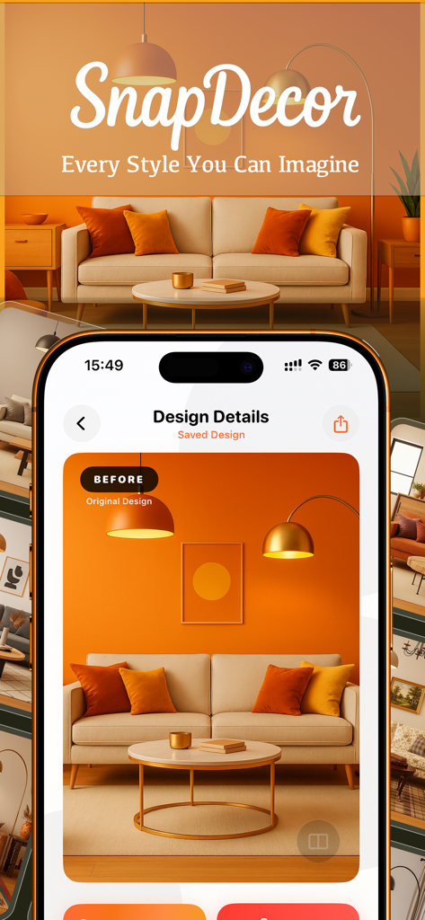 SnapDecor - Decor homestyler - Interface do aplicativo SnapDecor exibindo um conceito de design de sala de estar moderna em laranja