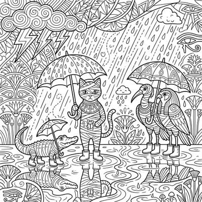 Unleash your creativity with this delightful coloring page featuring mummified animals braving a whimsical rainy day. Discover an intricate scene where ancient creatures find joy amidst umbrellas, rain boots, and shimmering puddles.