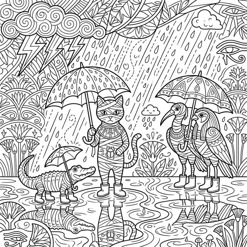 Unleash your creativity with this delightful coloring page featuring mummified animals braving a whimsical rainy day. Discover an intricate scene where ancient creatures find joy amidst umbrellas, rain boots, and shimmering puddles.