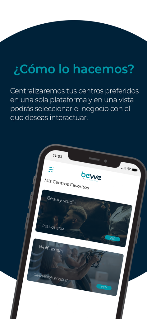 Bewe para clientes - A smartphone screen displaying the Bewe app showing a list of favorite beauty and fitness centers.