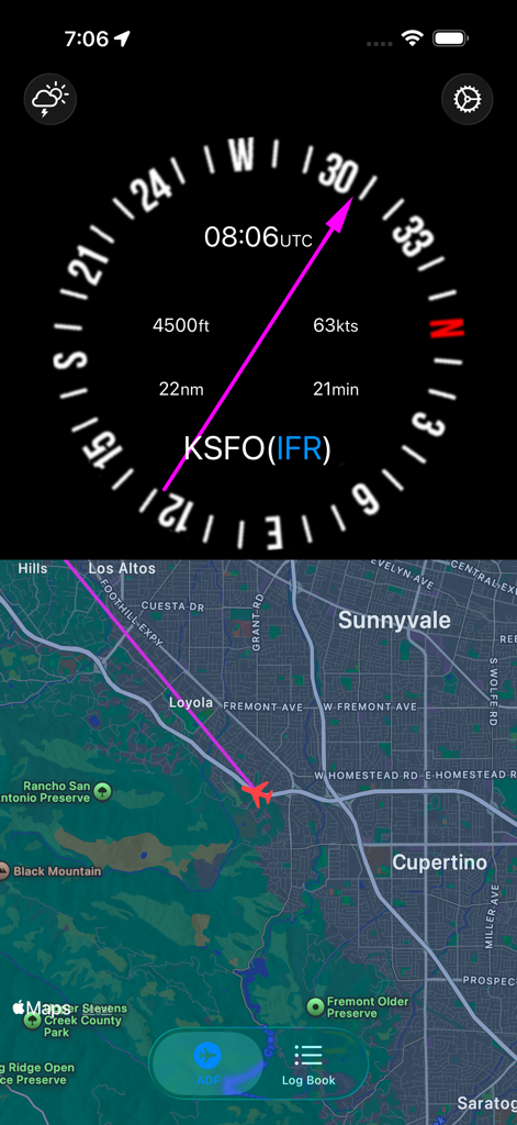 Schermata dell'app Direct To che mostra strumenti di volo e una mappa di navigazione per piloti