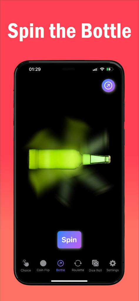 Chooser - Finger Picker - A mobile phone screen displaying the Spin the Bottle feature of the Chooser app with a spinning green bottle and a spin button.