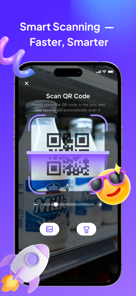 Interfaccia dell'app Quick QR Code Scan che mostra uno smartphone che scansiona un codice QR su un prodotto con tecnologia di scansione intelligente.