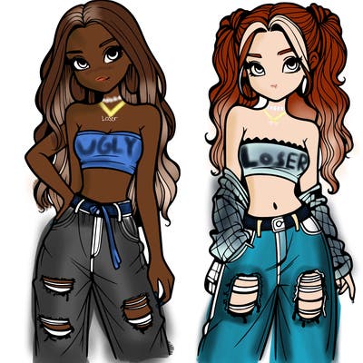 2 girls in crop tops and baggy jeans ripped