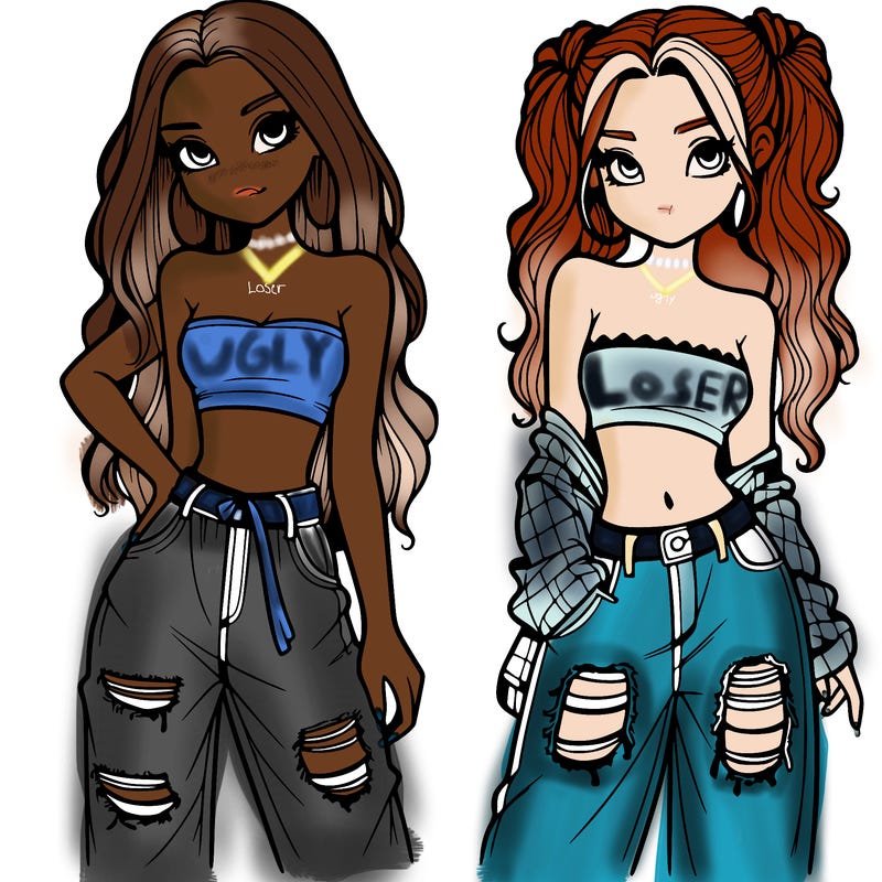 2 girls in crop tops and baggy jeans ripped