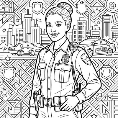 Salute our everyday heroes with this engaging coloring page featuring a dedicated police officer. Bring this detailed portrait to life, set against a dynamic cityscape with official vehicles.