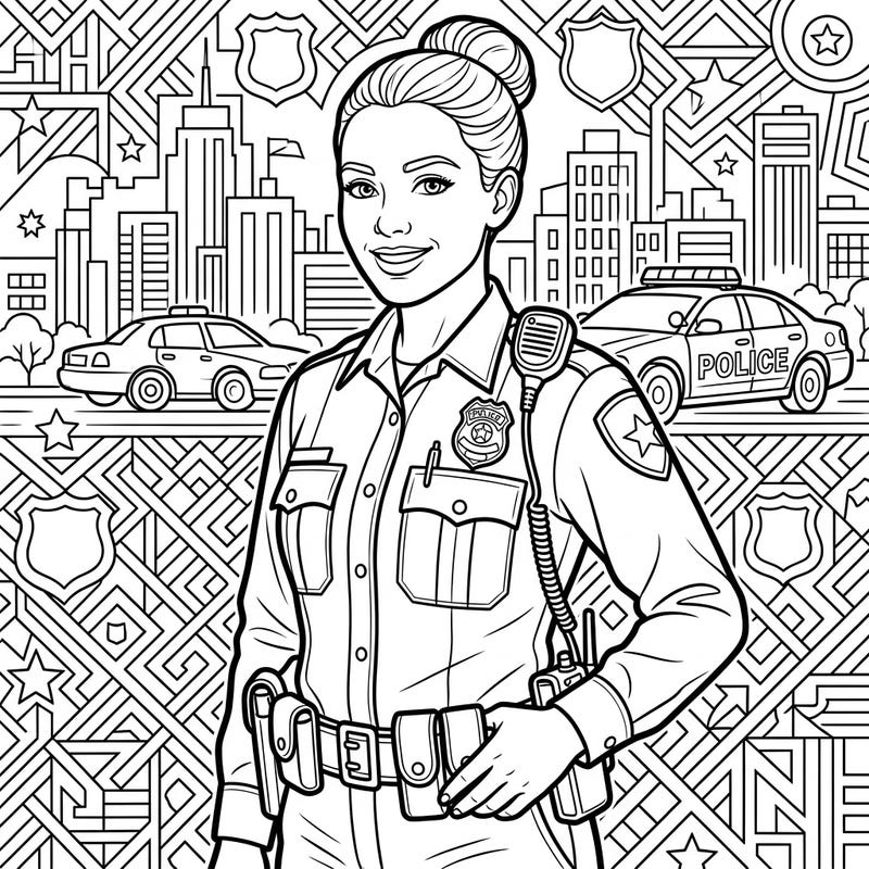 Salute our everyday heroes with this engaging coloring page featuring a dedicated police officer. Bring this detailed portrait to life, set against a dynamic cityscape with official vehicles.