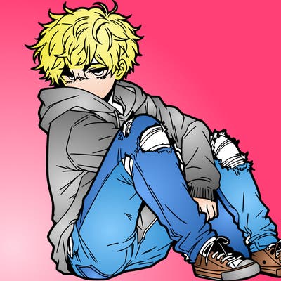 a male hoddie ripped jeans messy hair anime