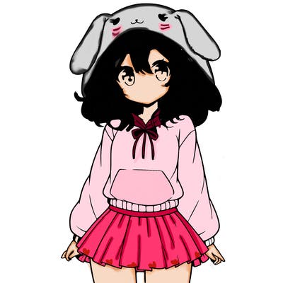 pretty anime girl wearing a fluffy hoodie with bunny ears on the hood and a skirt
