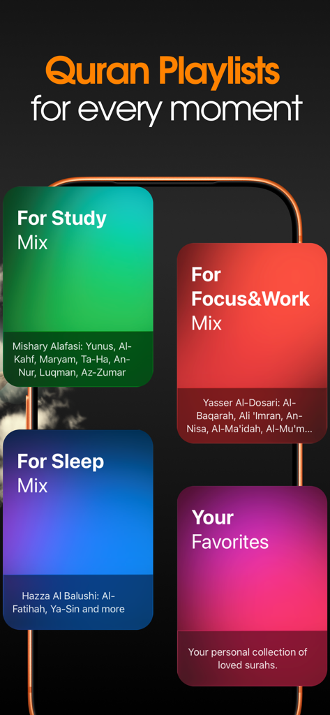 Mobile app interface displaying color-coded Quran playlists for study, focus, and sleep categories.