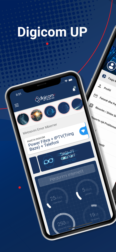Digicom UP - Panel de la aplicación móvil Digicom UP que muestra estadísticas de uso de Internet y detalles del plan