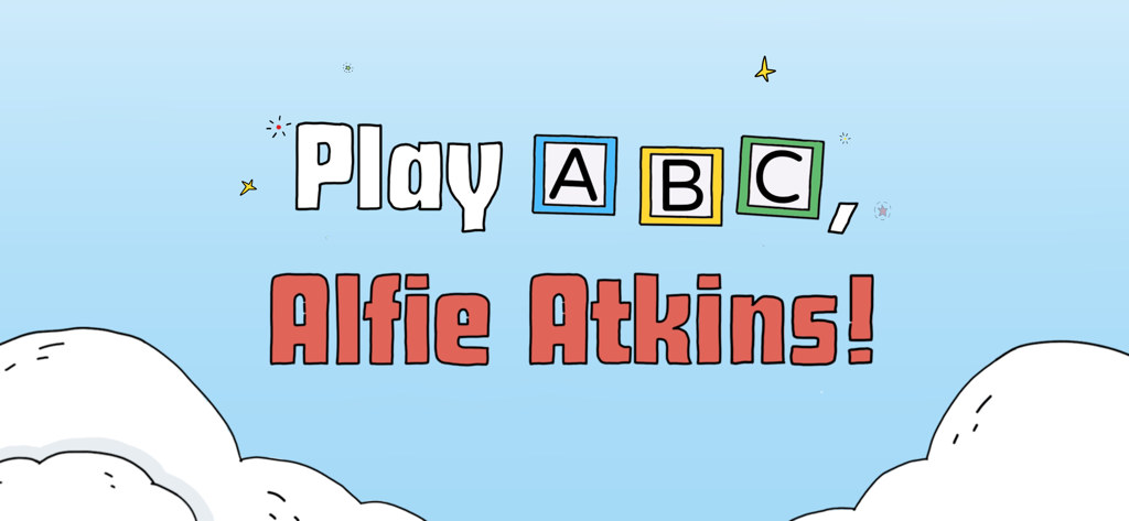 Title screen of the Play ABC Alfie Atkins app with colorful letter blocks against a blue sky background