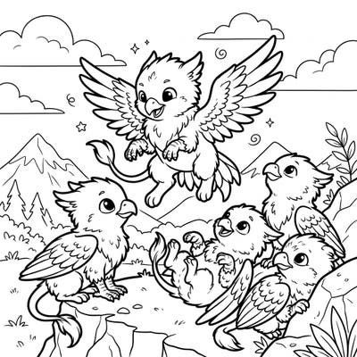 Immerse yourself in a whimsical scene featuring a group of charming griffin hatchlings as they explore their enchanting mountainous home. This delightful coloring page captures the innocence and joy of these mythical young creatures.