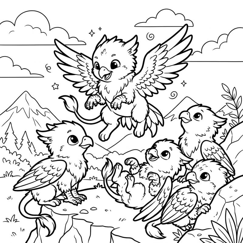 Immerse yourself in a whimsical scene featuring a group of charming griffin hatchlings as they explore their enchanting mountainous home. This delightful coloring page captures the innocence and joy of these mythical young creatures.