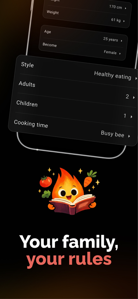 lopu: Weekly Meal Plan & Prep - Lopu app interface showing family meal planning preferences and user profile settings