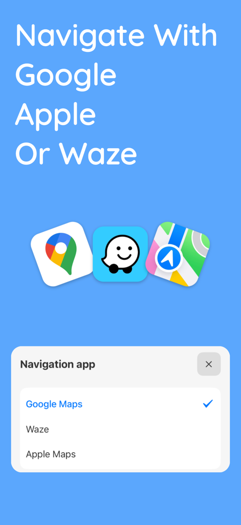 Loop Route Planner - Selection menu in the app allowing users to choose between Google Maps Waze and Apple Maps for navigation
