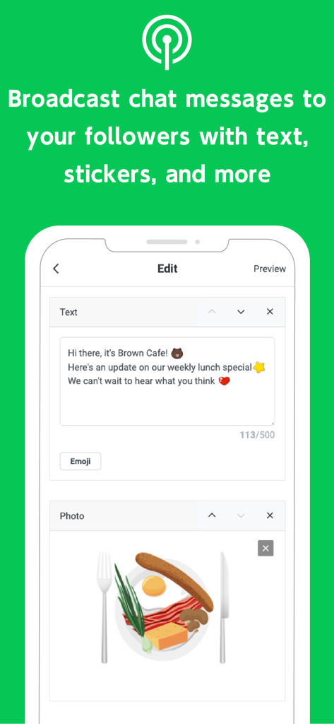 LINE Official Account - Interface of the LINE Official Account app showing the editor for a broadcast message with text and a photo of a breakfast plate for a cafe promotion.